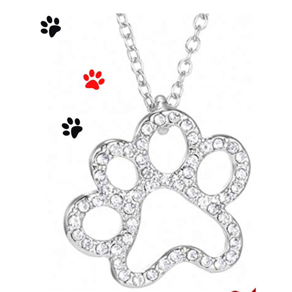 Dog Cat Paw Print Bling Rhinestone Necklace Pendant Silver with Clear Stones